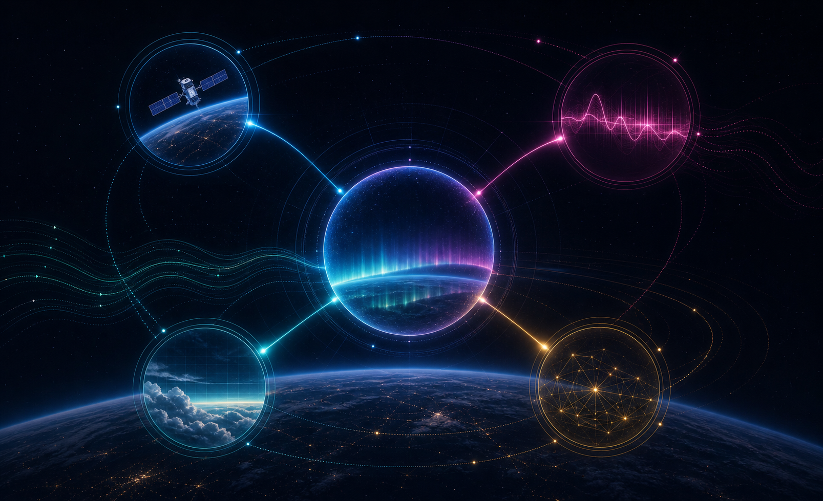 World-map concept for combining satellite and ground observation networks