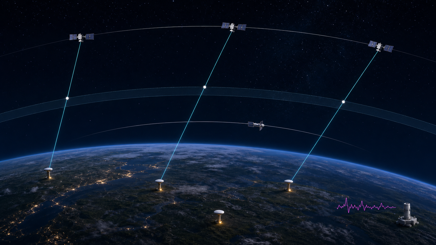 Conceptual geometry connecting ground GNSS, satellites, and geomagnetic observations